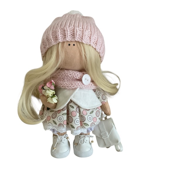 Adorable Pink Knit Art Doll Little Student with Accessorieshome decor handmade